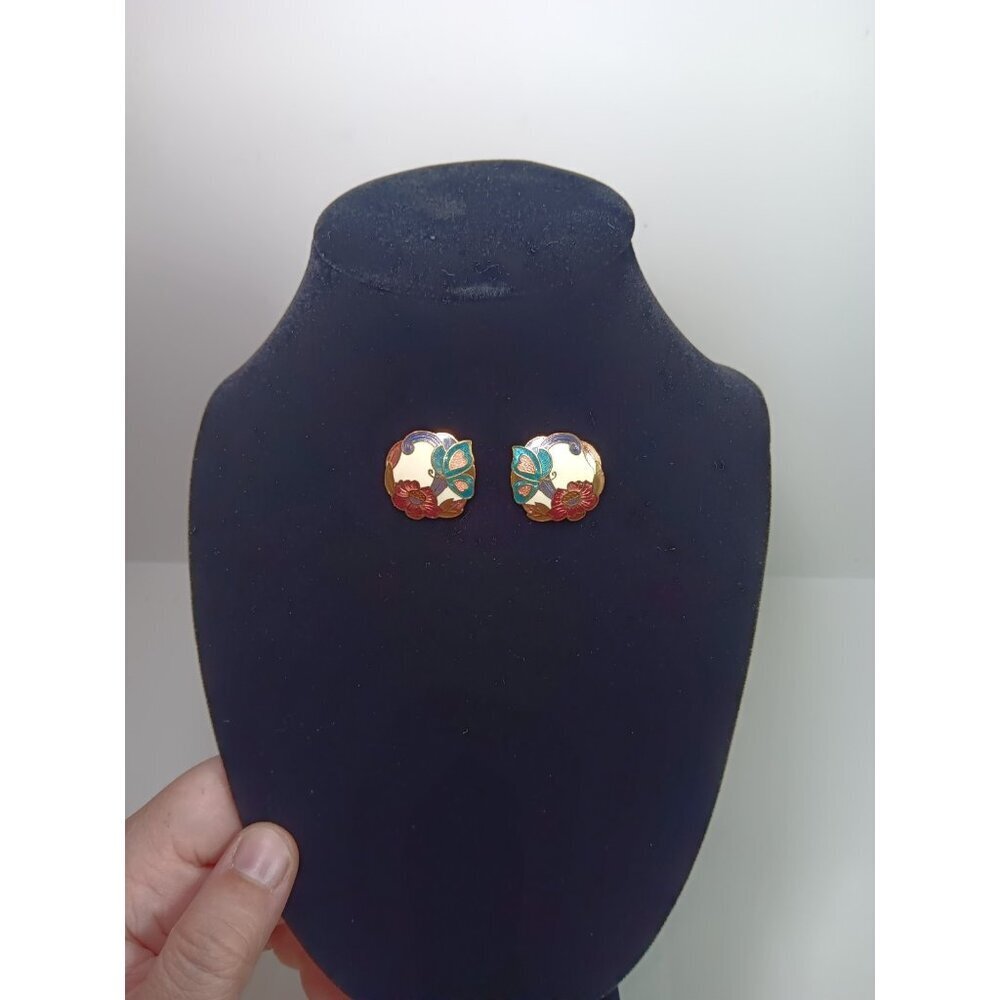 Vintage Cloisonné Earrings Butterfly Floral Round Post Enamel Metal Pink Cream